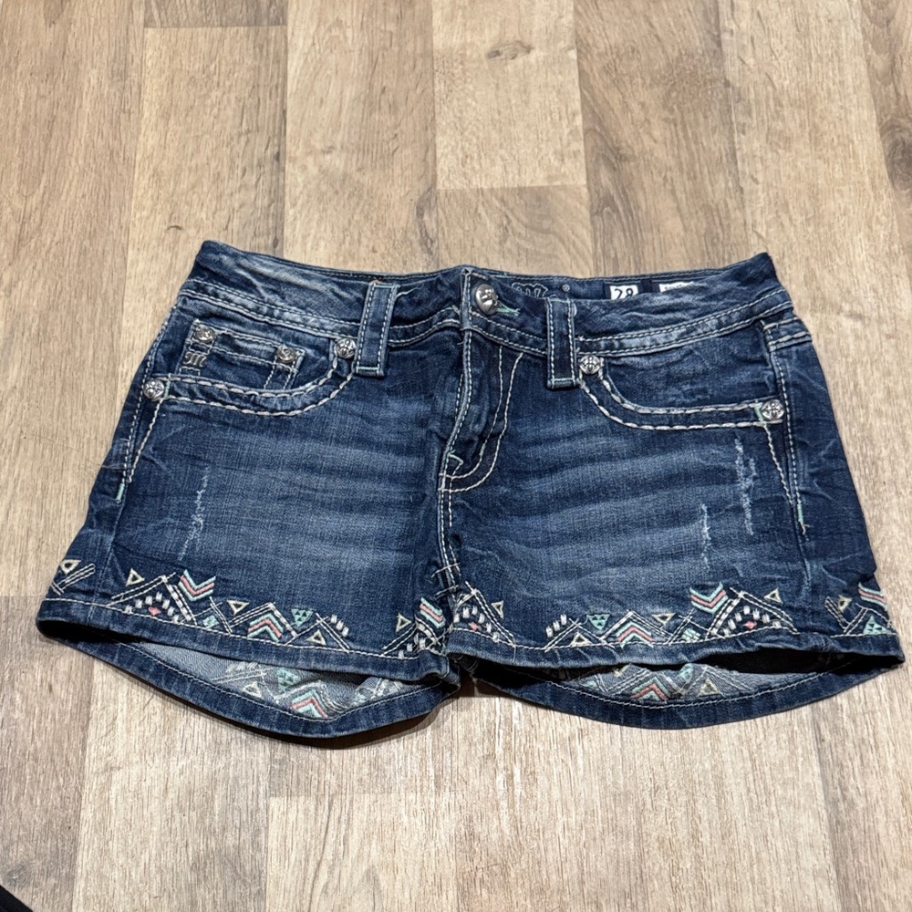 Miss Me Dark Blue Jean Shorts with Colorful Embroidery